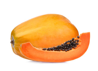 fresh ripe papaya with slice and seeds isolated on white background