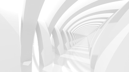 Futuristic white corridor with abstract columns and bright light. 3D Rendering.