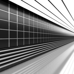 Empty black and white corridor with tile and pipes. 3D Rendering.