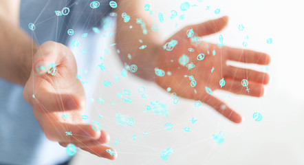 Businessman using flying network connection interface 3D rendering