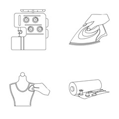 Electric sewing machine, iron for ironing, marking with chalk clothes, roll of fabric and other equipment. Sewing and equipment set collection icons in outline style vector symbol stock illustration