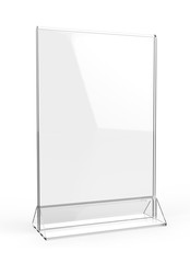Clear plastic and acrylic  table talkers promotional upright menu table tent top sign holder 11x8 table menu card display stand picture frame for mock up and template design. 3d render illustration.
