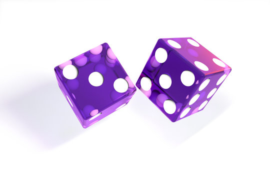 3d illustration: quality rendering image of transparent purple rolling dices with dots. The cubes in the cast. throws. On white background isolated. High resolution. Realistic shadows. 