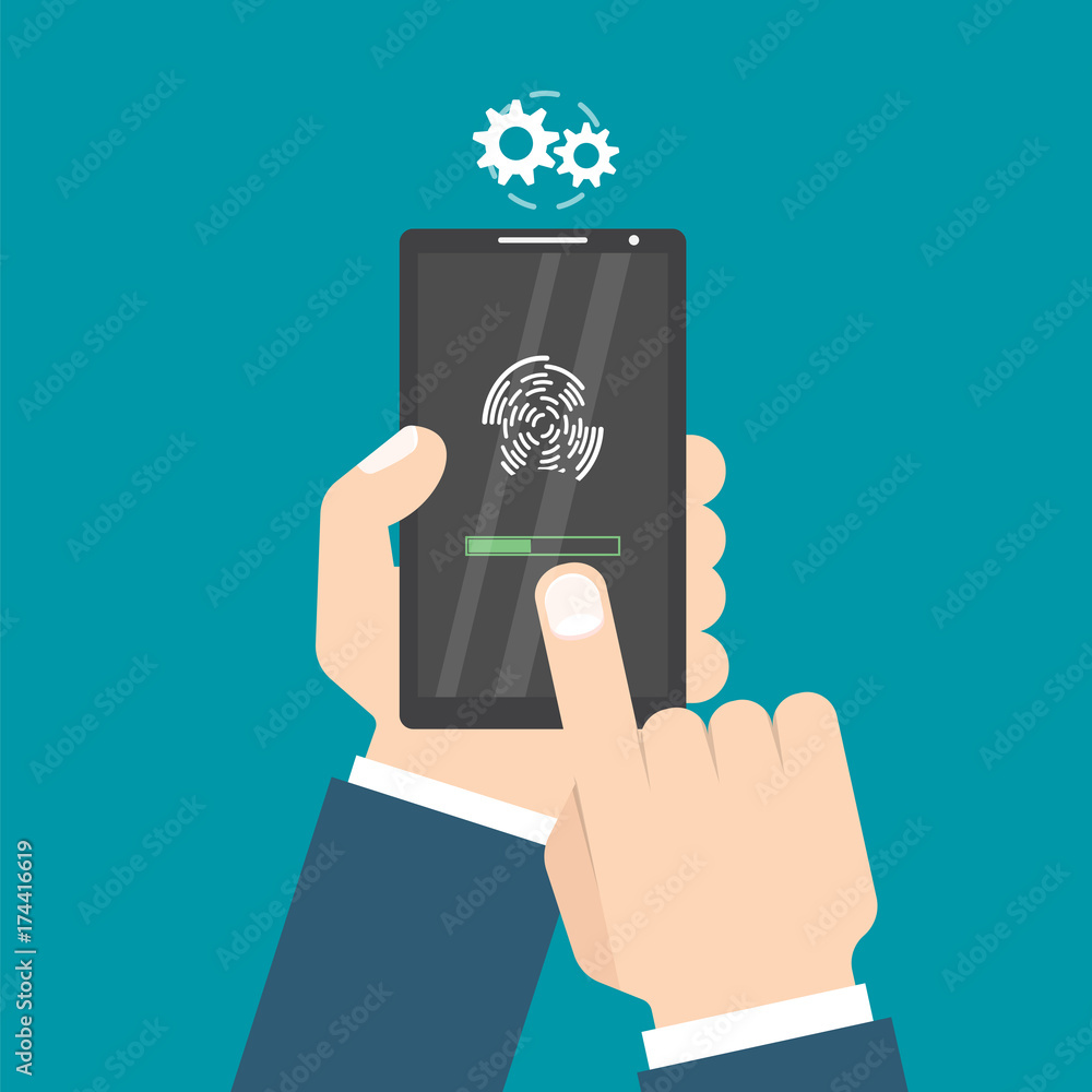 Poster unlocked with fingerprint button. access via finger. hands with smartphone. user authorization conse