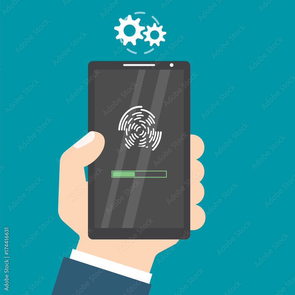 Poster unlocked with fingerprint button. access via finger. hands with smartphone. user authorization conse