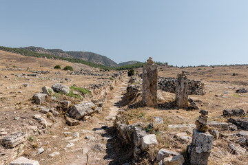 Ancient ruins in Hierapolis, Pamukkale, Turkey. UNESCO World Heritage.