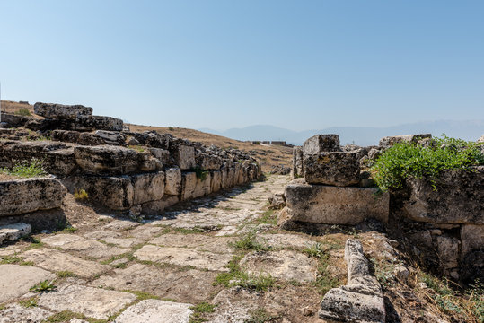 Ancient ruins in Hierapolis, Pamukkale, Turkey. UNESCO World Heritage.