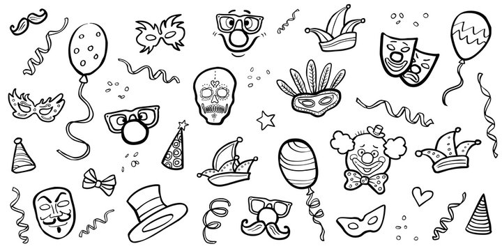 Set: Handgezeichnete Karnevals-Symbole / schwarz-weiß, Kreidezeichnung, Vektor, freigestellt