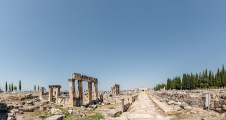 High Resolution panoramic view of latrine along Frontinus Street at Hierapolis ancient city in...