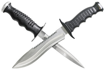 Combat Hunting Bowie Knife Crossed With Sharp Point Dive Dagger Isolated On White Background - obrazy, fototapety, plakaty