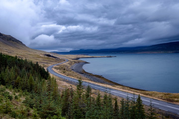 Scenic view of dramatic icelandic landscape with empty road next to a fjord.