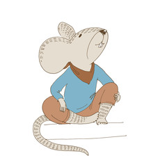 Vector illustration. Cute animal like humans. Humanized animal. Mouse in clothes sitting and smiling