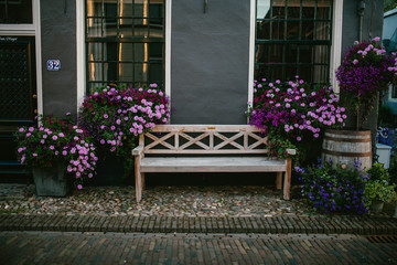 Fototapeta na wymiar Bench outdoors with flowers