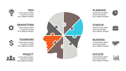 Vector brain infographic. Template for human head diagram, knowledge graph, neural network presentation and face chart. Business idea concept with 8 options, parts, steps. Puzzle jigsaw.