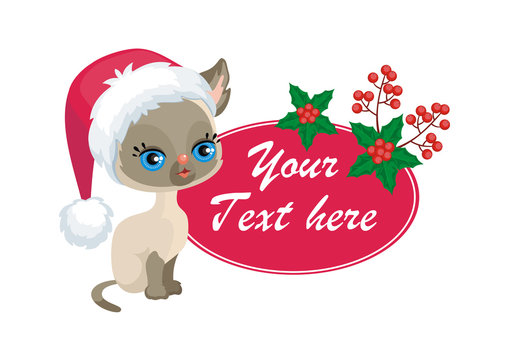Vector image of a cute purebred kitten in cartoon style. Children's Christmas illustration.