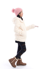 Naklejka premium Cute Asian child in blue winter clothes open palm hand