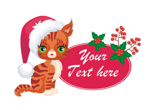 Vector image of a cute purebred kitten in cartoon style. Children's Christmas illustration.