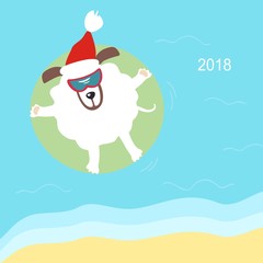 a dog in a rubber ring in the sea. top view. Symbol of the year 2018. Happy New Year and Merry Christmas! Greeting card. Vector illustration.