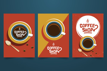 Coffee shop retro minimalist poster set. Logo, cup and grains top view. Decorative element for coffee house and HoReCa. Applicable for advertising banner,menu, flyer. A4 size. Vector illustration.
