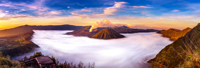 Mount Bromo volcano (Gunung Bromo) during sunrise from viewpoint on Mount Penanjakan in Bromo Tengger Semeru National Park, East Java, Indonesia. © tawatchai1990