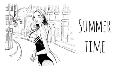 Young girl in Monokini on the street of the resort town. Vector black and white illustration in sketch style.