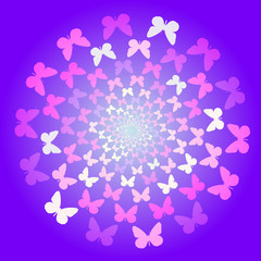 Abstract background of butterflies flying in a circle. Blue, purple, pink, pattern, movement