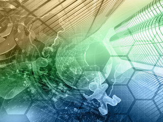 Globe, buildings and mans