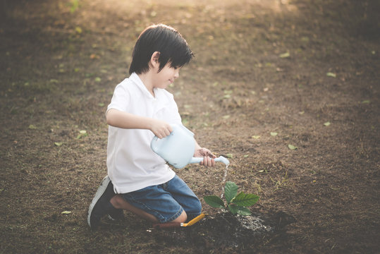 Cute Asian child watering young tree