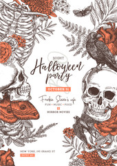 Halloween party poster. Vintage floral anatomy background.