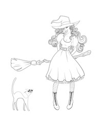 Cute girl in witch costume and cat next to her.
