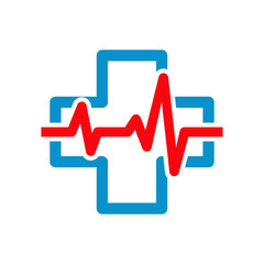 Icono plano cruz azul con ritmo cardiaco en fondo blanco