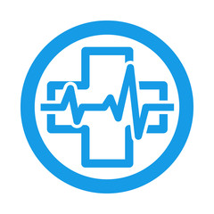 Icono plano cruz con ritmo cardiaco en circulo color azul