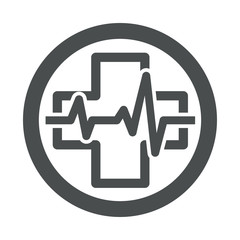 Icono plano cruz con ritmo cardiaco en circulo color gris
