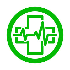 Icono plano cruz con ritmo cardiaco en circulo color verde