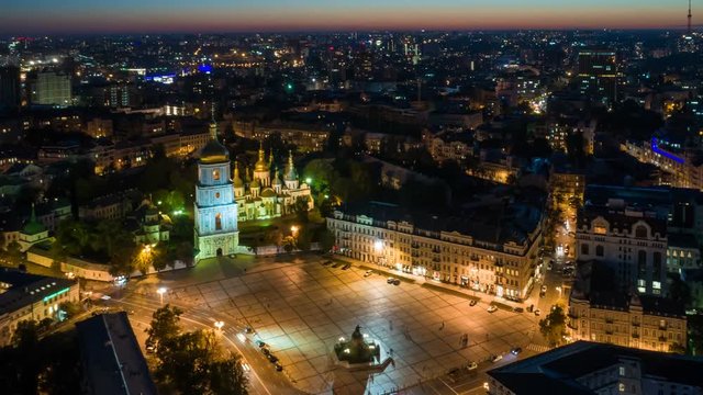Kiev (Kyiv), Ukraine.  Aerial timelapse of Sofievskaya Square at night. Kiev city center. 4K