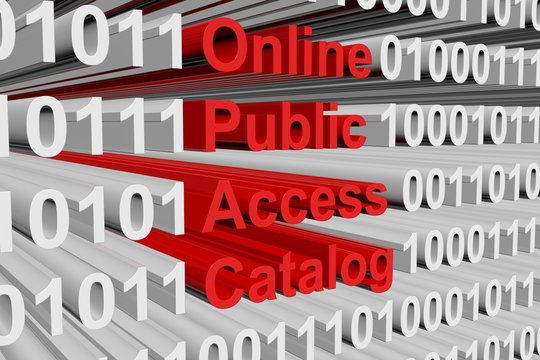 Online public access catalog in the form of binary code, 3D illustration