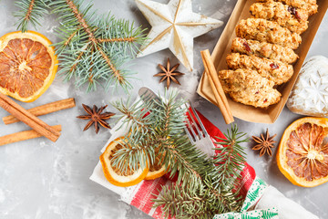 Obraz na płótnie Canvas Christmas decoration, homemade cookies and New Year symbols