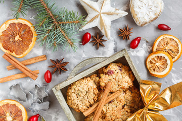 Christmas decoration, homemade cookies and New Year symbols