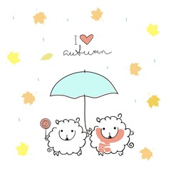 Two cute sheep under an umbrella with a handwritten inscription 