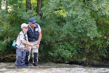 Man teaching son how to fish in river