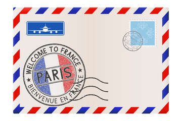 Welcome to France. Colored tourist stamp PARIS with national flag. International air mail envelope