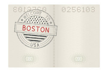 Open passport with Welcome to Boston stamp