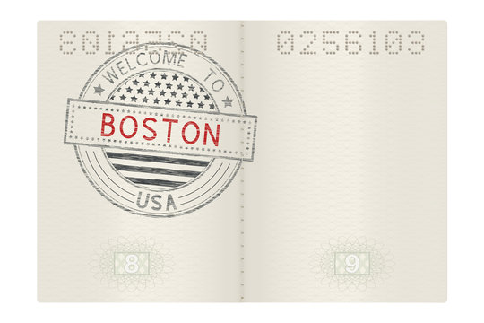 Open passport with Welcome to Boston stamp