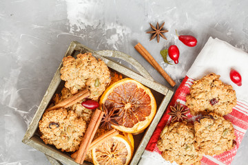 Christmas decoration, homemade cookies and New Year symbols