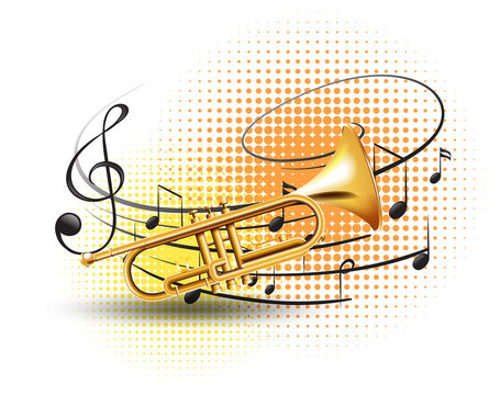 Trumpet with music notes in background