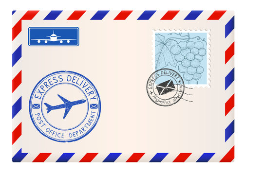 Envelope with stamps and postmarks. International mail correspondence