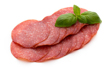 Salami slices isolated on white background.