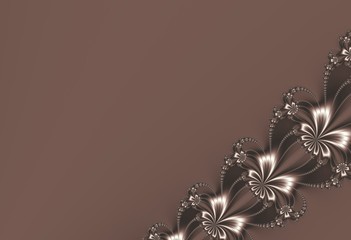 Fancy diagonal ribbon fractal in chocolate brown glitter, resembling flowers. Text space. For candy box designs, templates, cards, books, skins, layouts, pamphlets, websites, PC or phone background.