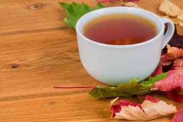 autumn foliage and tea cup on rustic garden table, close up shot