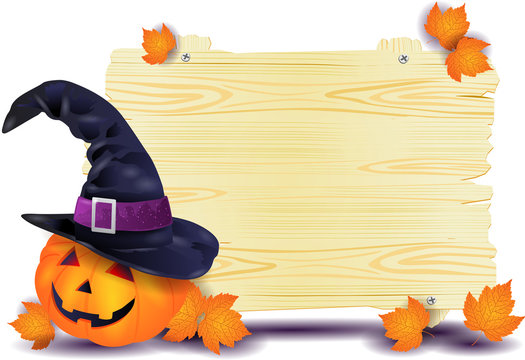 Halloween signboard with big pumpkin and witch's hat